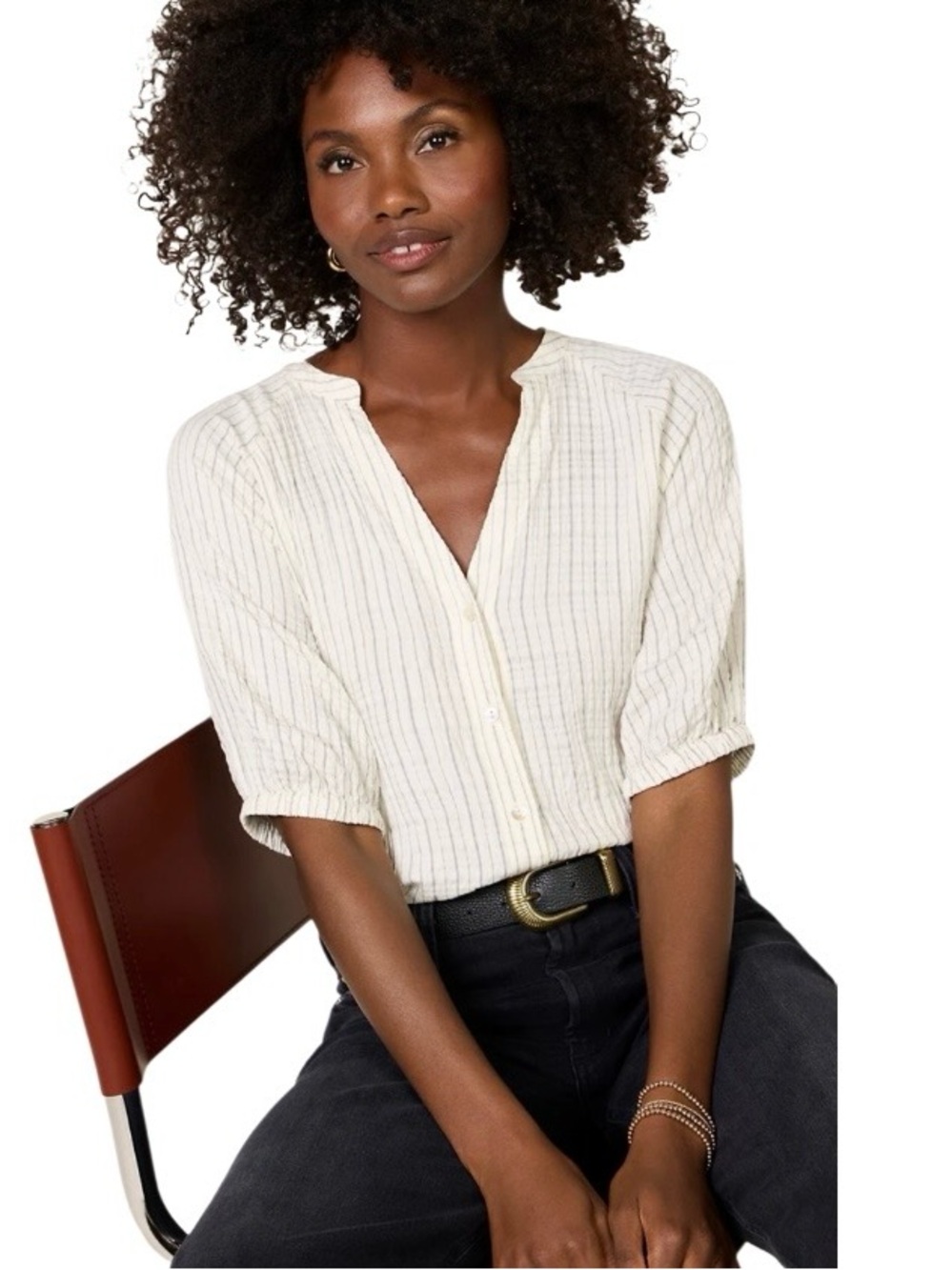 Cloth & Stone White Puff Sleeve Soft‎ Textured Top Work Wear Size M